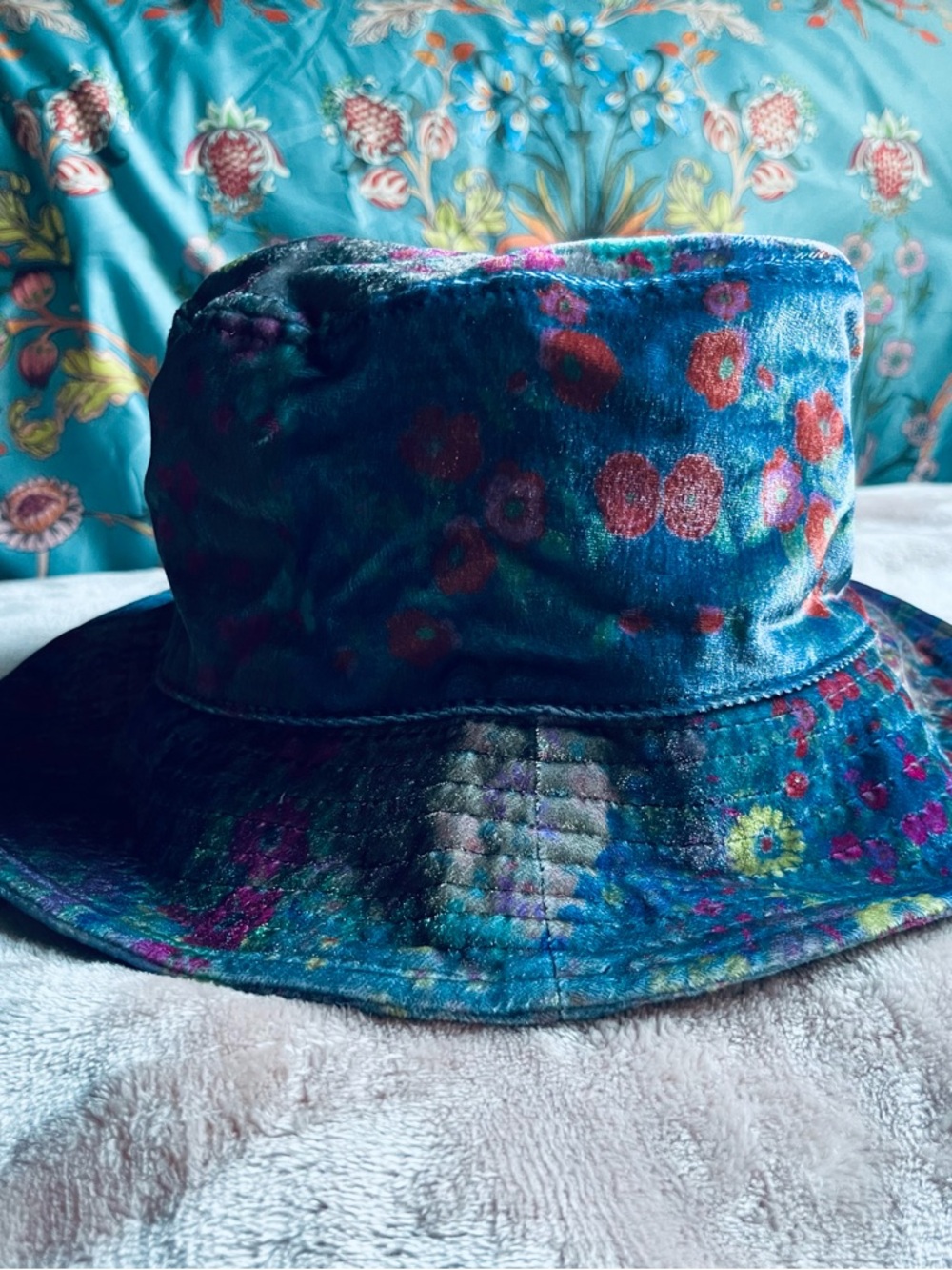 NATURAL LIFE Teal Floral Velvet Bucket Hat with Pink and Red Accents